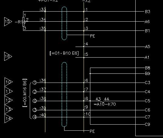 电气图直流调速器590c的一部分,图中33-40被一根黄线穿过是什么意思?